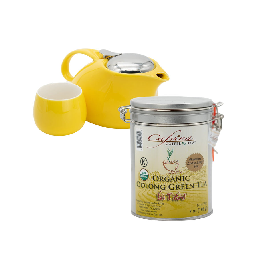 Tea Pot Set (Yellow) with Organic Oolong Green Tea
